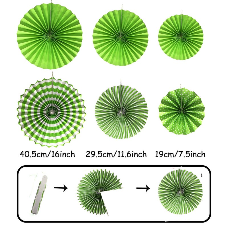 ZERODECO Party Decoration, 21 Pcs Green Hanging Paper Fans, Pom Poms Flowers, Garlands String Polka Dot and Triangle Bunting Flags for Golf Party Dinosaur Birthday Parties Arbor Day - Image 2